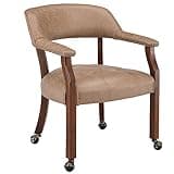 LEEMTORIG Dining Chairs with Casters and Arms, Rolling Dining Chairs with Wheels, Solid Wood Office Desk Chairs, 26“Dx25.2 Wx31.5“H, Cherry Legs & Yellowish Brown Fabric SY-1533-LT