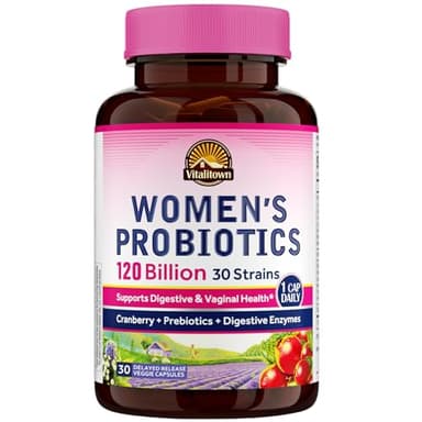 Vitalitown Probiotics for Women 120 Billion CFUs, 30 Strains, with Prebiotics & Digestive Enzymes & Cranberry, Gut & Vaginal Health, Vegan 30 (Pack of 1) Delayed Release Caps