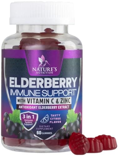Elderberry Immune Support Gummies - 3X Strength Sambucus Elderberry Gummy with Vitamin C, D3 & Zinc - Nature’s Black Elderberry Extract - Immune Support Supplement for Adults & Kids - 60 Gummies