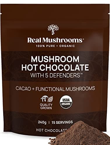 Real Mushrooms Organic Hot Chocolate Mix with Reishi, Turkey Tail, Chaga, Shiitake, Maitake – Cacao Powder Organic Mushroom– 5 Defenders Mushroom Cacao Powder, Vegan, Gluten-Free, 15 Servings