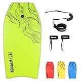 AQUARM 41 inch Bodyboard with Premium Wrist Leash and Fin Tethers, Super Lightweight & Slick Bottom Perfect Surfing for Kids Teens and Adults (Green)