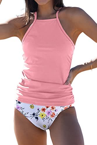 Beachsissi Women's Tummy Control Swimsuits Floral Print Ruched Tankini Set Swimwear, SolidPink, L