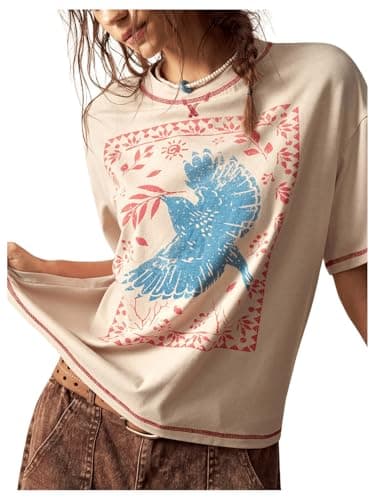 BEAUDRM Women's Graphic Boho Short Sleeve Tee Tops Crewneck Loose Fit T Shirts Streetwear Apricot X-Large