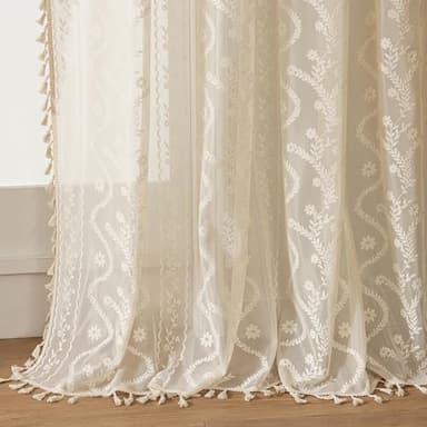 WAZZIO Boho Lace Curtains 2 Panels 45 Inches -Cute Vintage Victorian Sheer Panel Drape French Country Floral Pattern & Tassel Light Filtering Privacy for Bedroom Dining Living Room,Beige,W52x L45
