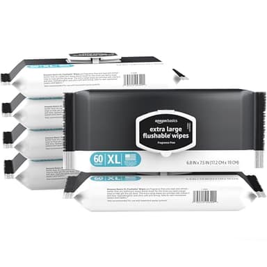 Amazon Basics Extra Large Flushable Wipes, Fragrance Free, pH Balanced, with Vitamin E & Aloe, Hypoallergenic, 360 Wipes, 6 Packs of 60, Resealable Closure