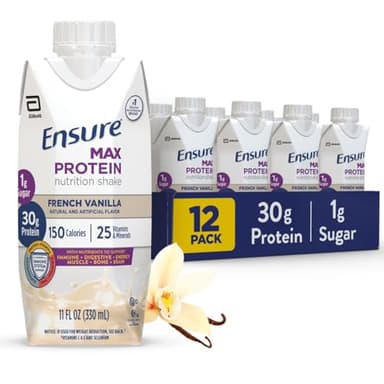 Ensure Max Protein Shake | French Vanilla | Ready to Drink | 30g Protein for Muscle Health | 1g Sugar, 4g Fiber | 11 fl oz, 12 Pack