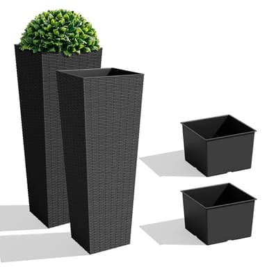 JUMMICO Set of 2 Resin Rattan Tall Planters for Outdoor Plants, Large Tapered Planters with Drainage Holes&Inner Trays, Flower Pots for Garden, Patio, Porch, Backyard (Black, 32'')