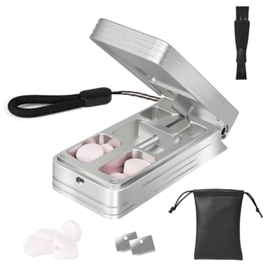 Pill Cutter for Small and Tiny Pills, Professional Aluminum Pill Splitter with Auto Centering Device and 2 Replaceable Stainless Steel Blades, Portable Pill Splitter with PU Case (Silver)