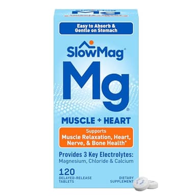 SlowMag Muscle & Heart Magnesium Chloride Supplement with Calcium, 120 Count, Supports Muscle Relaxation, Heart, Nerve & Bone Health, High Absorption