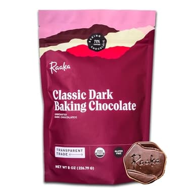 Raaka Organic Baking Chocolate - 71% Cacao Bittersweet Dark Chocolate - Allergen Friendly, Dairy Free, Nut Free, Kosher, Vegan Baking Chips - One 8oz Resealable Bag