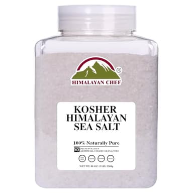 Himalayan Chef Kosher Sea Salt – Full Flavor, No Additives, unrefined and Less Sodium - Natural and Organic - 5 Pound Plastic Jar, Kosher & Non GMO Certified