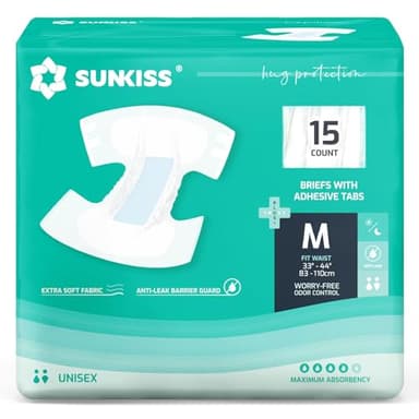 SUNKISS TrustPlus Adult Diapers with Maximum Absorbency, Unisex Disposable Incontinence Briefs with Tabs for Men and Women, Odor Control, Medium, Previously S/M, 15 Count