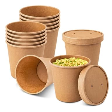 PakTalk Paper Soup Bowls with Lids, Disposable Ice Cream Cups Kraft Paper Soup Bowls 26oz To Go Soup Containers with Lids for Hot Soups, Food Storage, Ice Creams(10 Sets, 26 oz)