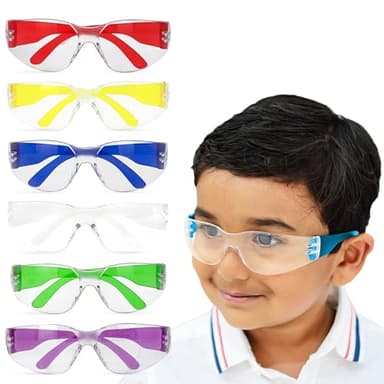 BISON LIFE Safety Glasses for Kids 6 PAIRS | ANSI Z87 Impact and Scratch Resistant, Clear Lens Assorted Color Temples, Child Youth Size Science Glasses with 6 Color Variety