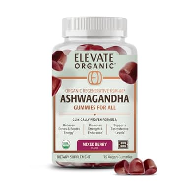 ELEVATE ORGANIC Regenerative Fermented KSM-66 Ashwagandha Vegan Gummies with Acti Veda™, Mixed Berry (600mg, 25 Servings), Up to 150% More Effective Than KSM-66 Alone