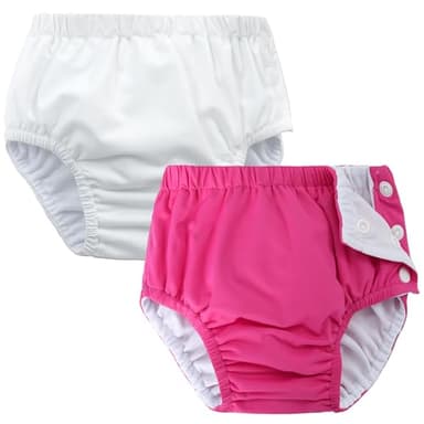 2 Pack Baby Newborn Reusable Swim Diapers Washable Toddler Unisex Swim Diaper Infant Swimming Diapers White& Hot Pink, 3-6 Months