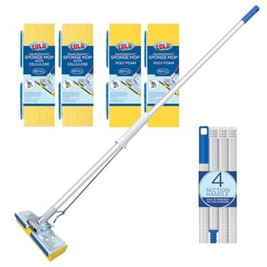 LOLA Squeezematic Butterfly Automatic Sponge Mop, 4 Mop Heads - 2 Foam w/ Cellulose Layer & 2 All Foam, 9" Head w/ Scuff Remover