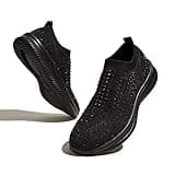 BELOS Women's Rhinestone Slip On Walking Shoes Breathable Mesh Knit Sock Shoes Fashion Comfortable Sparkly Sneaker(Black,9)