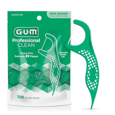 GUM Professional Clean Floss Picks - Extra Strong Shred-Resistant Floss, Easy Grip Handle - Dental Flossers for Adults - Fresh Mint Flavor, 150 Count