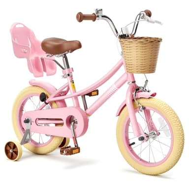 Glaf 12 14 16 20 Inch Toddler Girl Bike with Training Wheels Kids Bicycle for Age 2-12 Years Old Girls Bike with Basket and Doll Seat Adjustable Seat (12 Inch with Training Wheels, Pink)