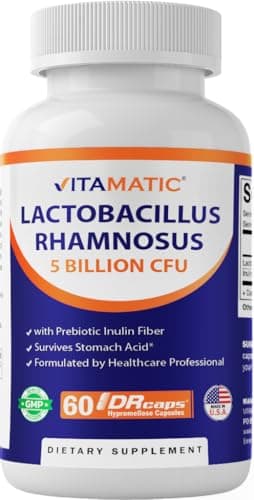 Vitamatic Lactobacillus Rhamnosus 5 Billion per DR Capsule (10 Billion Per 2 Capsules) - 60 Count - Advanced Digestive & Immune Support - Made with Prebiotic Inulin Fiber