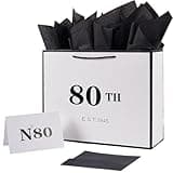 Jaywayang 80th Birthday White and Black Large Gift Bag with Card and Tissue Paper, Metallic Printing Keepsake Gift Vintage Bag for Men Women, 1944 Grandparents 80 Year Old Party Paper Bag for Gifts