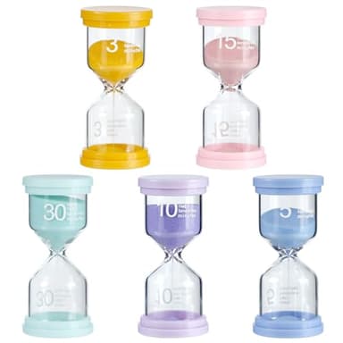LIOUCBD 5Pcs Sand Timers for Classroom & Kids, Colorful Hourglass Set, 3/5/10/15/30 Mins Visual Timer for Children Brushing Teeth, Classroom Games, Homework, Office, Cooking