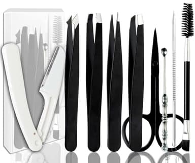 Muzioiernsu Tweezers Kit Tweezer for Women Facial Hair Removal Tweezers Professional Tweezers Set Eyebrow Tweezer, [9+1 PCS] Professional Stainless Steel Eyebrow for Women &Men,Black Beauty Sets