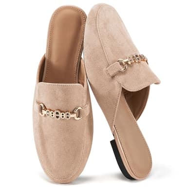 Womens Mules Buckle Flats: Classic Suede Slip On Shoes Dressy Closed Toe Backless Slides Loafers 2026 for Business Work Office Casual Apricot