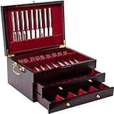 GENRICE Wooden Silverware Chest without Silverware Three-layer, Silverware Box Storage for Silver, Silverware Case with Handle and Felt Lined, Flatware Chest for 12 or 16 or more sets of Utensils