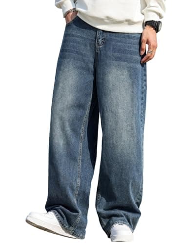 DFGIGT Men's Baggy Hip Hop Jeans Wide Leg Skater Denim Pants Casual Loose Fit Long Trousers Streetwear Jinco Oversized Relaxed Y2k 2000s Extreme Motion Skateboard,A12 Blue,Large