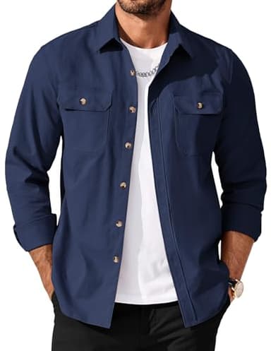 COOFANDY Shirt Jacket for Men Button Down Thermal Shirt Mens Casual Overshirt with Pockets Navy Blue
