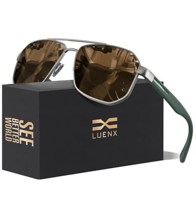 LUENX Aviator Sunglasses for Men Driving Square Polarized Polygon Lens - UV 400 Protection with Accessories(Brown Lens)