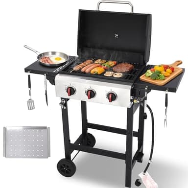 LMNOCHM Propane Grill with Folding Side Tables, 3-Burner Gas Grill with Porcelain-Enameled Cast Iron Grates and Stainless Steel Grill Pan, 30,000 BTU BBQ Grill with Wheels for Outdoor Cooking