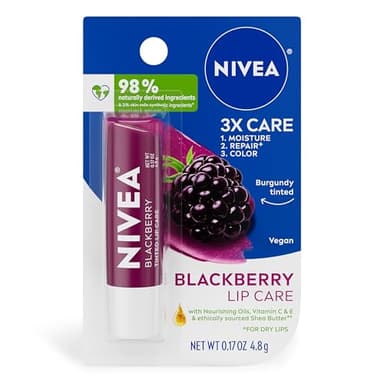 NIVEA Blackberry Lip Care, Tinted Lip Balm with Shea Butter, Nourishing Oils and Vitamin C & E, 3-in-1 Moisture, Repair (for Dry Lips) and Color, 0.17 Oz Stick