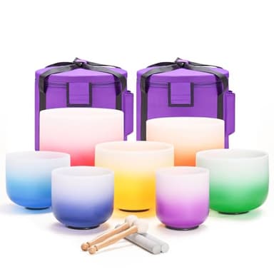 CVNC 432HZ 6-12 Inch Set of 7 PCS Aria Gradient Design Frosted Quartz Crystal Singing Bowls with 2 PCS Carry Case Bag for Sound Healing and Therapy Meditation