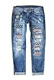 EVALESS American Flag Ripped Jeans for Women Boyfriend Distressed Patchwork Print Mom Mid Rise Jeans 2025 Fashion Embroidered Wide Leg Losse Baggy Denim Pants with Hole Blue Medium