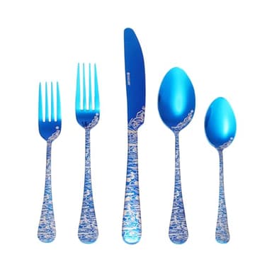 Wave Cutlery Set 20 Pieces Stainless Steel Flatware Set Service for 4 Utensils For Home Kitchen Wedding Laser Engraved Dishwasher Safe (All Blue)