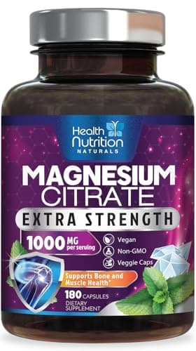 Magnesium Citrate Capsules 1000mg - Max Absorption Magnesium Powder for Muscle, Nerve, Bone and Heart Health Support, High Absorption Citrate Complex, Gluten Free, Non-GMO - 180 Capsules