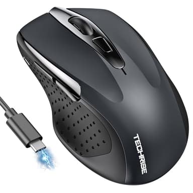 TechRise Bluetooth Mouse (BT5.0/3.0 & 2.4G) Rechargeable Wireless Mouse, 4800 DPI Optical Tracking, 6 Adjustable DPI, 2.4GHz with USB A Receiver, Quiet Clicks, Ergonomic Grips, 6 Buttons - Grey