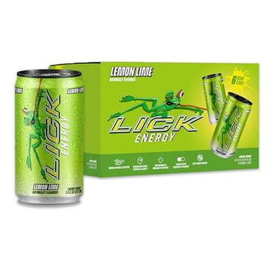 LICK Energy Drink - Lemon Lime, No Sugar, No Crash, Green Tea Caffeine (100mg), with Ginger, Antioxidants and Vitamins A, B6, B12, and C, 7.5oz (6pk)