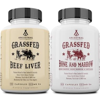 Ancestral Supplements Grass-Fed Beef Liver & Bone Marrow Capsules, 3000mg, Supports Energy, Digestion, Immunity, Skin, Oral Health, Joint Wellness, Non-GMO, Freeze-Dried, 180 Capsules, (Bundle 2 Pack)