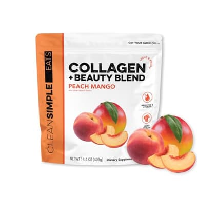 Clean Simple Eats Collagen Powder + Beauty Blend, Peach Mango, 11G Hydrolyzed Collagen Peptides from Grass Fed Bovine & Chicken, Hyaluronic Acid for Hair, Skin, Nail & Joint Support, 30 Servings
