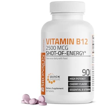 Vitamin B12 2500mcg Shot Of Energy Fast Dissolve Chewable Tablets - Quick Release Cherry Flavored Sublingual B12 Vitamin - Supports Nervous System, Healthy Brain Function Energy Production – 90 Count