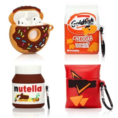 (4Pack) Case for AirPods 2nd/1st Generation(2019/2016) Earbuds, Suublg Silicone Case Protective Cover with Cute Cartoon Skin Design for AirPods 1/2, with Carabiner (Dori+Goldfh+Donut+Nutella)