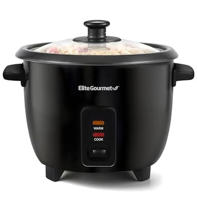 Elite Gourmet Electric Rice Cooker with Steam Tray and Non-Stick Inner Pot Makes Soups, Stews, Grains, Cereals, Keep Warm Feature, 6 Cups Cooked (3 Cups Uncooked), Black