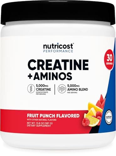 Nutricost Creatine + Aminos 30 Servings (Fruit Punch Flavored) - 5,000mg Creatine Monohydrate + 5000mg Amino BCAA Blend Per Serving
