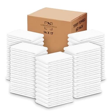 Corporate Hills Terry Bar Mop Towels - 60 Pack (14"x17") White Cotton Terry Cloths, Super Absorbent Cleaning Rags, Reusable Bar Mop Towels for Kitchen, Garage, Salon, Spa & Commercial Use