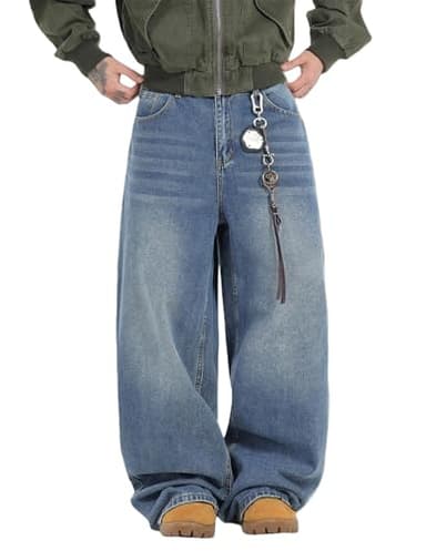 QGRSWBC Men's Baggy Jeans Loose Fit Denim Pants Mid Waist Trousers Wide Leg Skater Jeans Y2K Streetwear Blue L