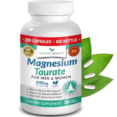 Magnesium Taurate 400mg | High Absorption | 200 Capsules for Sleep, Heart Health, Calm, Joint Supplement for Women and Men | Pure Elemental Mag Powder Plus Taurine - Extra Strength Pills